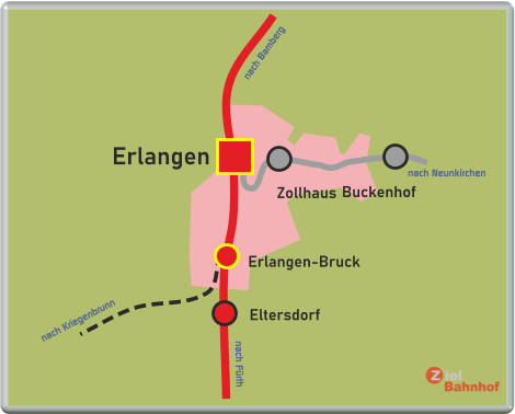 Erlangen Erlangen-Bruck Eltersdorf Zollhaus Buckenhof nach Bamberg nach Fürth nach Neunkirchen nach Kriegenbrunn