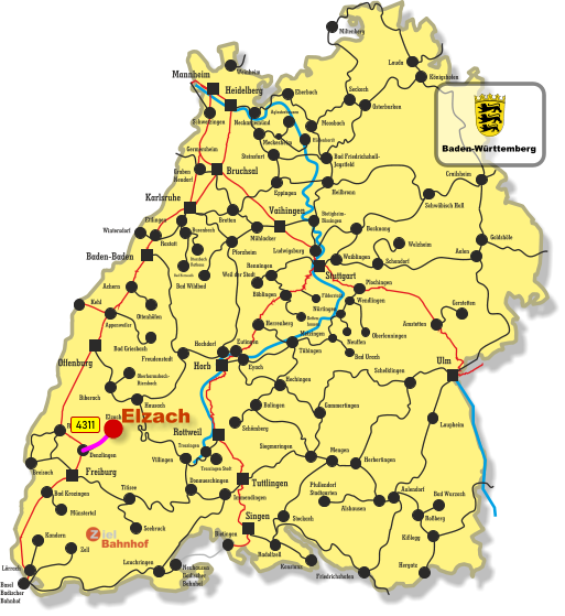 Freiburg Singen Vaihingen Tuttlingen Horb Ulm Bruchsal Heidelberg Rottweil Stuttgart Karlsruhe Offenburg Baden-Baden Mannheim Kehl Appenweiler Miltenberg Lauda Königshofen Osterburken Seckach Eberbach Moosbach Bad Friedrichshall- Jagstfeld Crailsheim Heilbronn Eppingen Meckesheim Hüffenhardt Aglasterhausen Neckargemünd Weinheim Germersheim Graben Neudorf Bretten Schwetzingen Schwäbisch Hall Backnang Waiblingen Rastatt Busenbach Bad Herrenalb Ittersbach Rathaus Mühlacker Pforzheim Bad Wildbad Ettlingen Steinsfurt Immendingen Wintersdorf Bietigheim- Bissingen Ludwigsburg Weil der Stadt Renningen Böblingen Filderstadt Detten- hausen Achern Bad Griesbach Ottenhöfen Freudenstadt Eutingen Herrenberg Hochdorf Tübingen Eyach Hechingen Balingen Schömberg Siegmaringen Villingen Trossingen Trossingen Stadt Hausach Biberach Oberharmsbach- Riersbach Denzlingen Elzach Breisach Bad Krozingen Münstertal Riegel Donaueschingen Titisee Seebruck Lörrach Kandern Basel Badischer Bahnhof Zell Neuhausen Badischer Bahnhof Bietingen Lauchringen Konstanz Radolfzell Stockach Welzheim Schondorf Amstetten Gerstetten Aalen Plochingen Wendlingen Oberlenningen Bad Urach Neuffen Metzingen Nürtingen Gammertingen Herbertingen Mengen Schelklingen Pfullendorf Stadtgarten Alshausen Aulendorf Bad Wurzach Roßberg Kißlegg Hergatz Friedrichshafen Laupheim Goldshöfe 4311 Elzach Baden-Württemberg