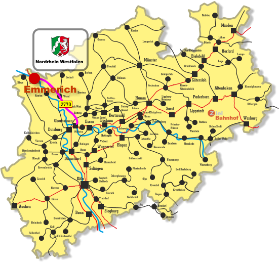 Unna-Königsborn Letmathe Iserlohn Castrop- Rauxel Unna Himmighausen Rheydt Remscheid Bergisch Gladbach Bocholt Borken Dorsten Wesel Xanten Mönchengladbach Kleve Viersen Emmerich Münster Warburg Altenbeken Paderborn Lippstadt Soest Siegburg Aachen Haan Ratingen Bonn Minden Herford Bielefeld Gütersloh Hamm Dortmund Duisburg Essen Mülheim Oberhausen Bochum Hagen Wuppertal Solingen Düsseldorf Köln Gronau Lünen Bottrop Gladbeck West Herne Reckling- hausen Kaldenkirchen Neuss Krefeld Grevenbroich Horrem Düren Kall Hellenthal Heimbach Linnich Euskirchen Bad Münstereifel Au Marienheide Lüdenscheid Fröndenberg Rüthen Warstein Lippborg- Heintrop Neubeckum Ennigerloh Neuenrade Sundern Neheim- Hüsten Finnentrop Olpe Schwerte Wanne-Eickel Meschede Winterberg Brilon Stadt Brilon Wald Siegen Kreuztal Waldbröhl Osberghausen Betzdorf Daaden Erndtbrück Troisdorf Bad Berleburg Ottbergen Dülmen Coesfeld Löhne Lage Lemgo Brackwede Rheda- Wiedenbrück Bad Rothenfelde Bünde Lengerich Rheine Rahden Hattingen Velbert Rösrath 2770 Nordrhein Westfalen Emmerich