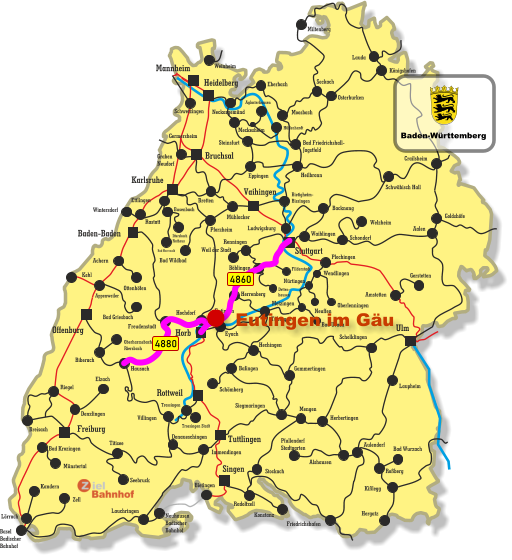 Freiburg Singen Vaihingen Tuttlingen Horb Ulm Bruchsal Heidelberg Rottweil Stuttgart Karlsruhe Offenburg Baden-Baden Mannheim Kehl Appenweiler Miltenberg Lauda Königshofen Osterburken Seckach Eberbach Moosbach Bad Friedrichshall- Jagstfeld Crailsheim Heilbronn Eppingen Meckesheim Hüffenhardt Aglasterhausen Neckargemünd Weinheim Germersheim Graben Neudorf Bretten Schwetzingen Schwäbisch Hall Backnang Waiblingen Rastatt Busenbach Bad Herrenalb Ittersbach Rathaus Mühlacker Pforzheim Bad Wildbad Ettlingen Steinsfurt Immendingen Wintersdorf Bietigheim- Bissingen Ludwigsburg Weil der Stadt Renningen Böblingen Filderstadt Detten- hausen Achern Bad Griesbach Ottenhöfen Freudenstadt Eutingen Herrenberg Hochdorf Tübingen Eyach Hechingen Balingen Schömberg Siegmaringen Villingen Trossingen Trossingen Stadt Hausach Biberach Oberharmsbach- Riersbach Denzlingen Elzach Breisach Bad Krozingen Münstertal Riegel Donaueschingen Titisee Seebruck Lörrach Kandern Basel Badischer Bahnhof Zell Neuhausen Badischer Bahnhof Bietingen Lauchringen Konstanz Radolfzell Stockach Welzheim Schondorf Amstetten Gerstetten Aalen Plochingen Wendlingen Oberlenningen Bad Urach Neuffen Metzingen Nürtingen Gammertingen Herbertingen Mengen Schelklingen Pfullendorf Stadtgarten Alshausen Aulendorf Bad Wurzach Roßberg Kißlegg Hergatz Friedrichshafen Laupheim Goldshöfe 4880 4860 Eutingen im Gäu Baden-Württemberg